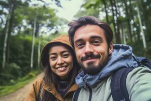 Close up face couple ,Travel blogger man taking selfie , trekking and filming in destination forest.Generative AI. photo