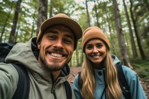 Close up face couple ,Travel blogger man taking selfie , trekking and filming in destination forest.Generative AI. photo