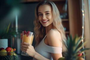 Young woman preparing a healthy smoothie in the kitchen,Generative AI. photo