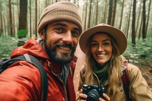 Close up face couple ,Travel blogger man taking selfie , trekking and filming in destination forest.Generative AI. photo