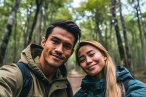 Close up face couple ,Travel blogger man taking selfie , trekking and filming in destination forest.Generative AI. photo