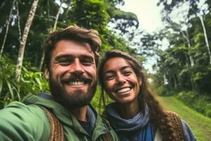 Close up face couple ,Travel blogger man taking selfie , trekking and filming in destination forest.Generative AI. photo