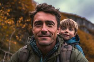 Daddy and son hiking in the mountains it autumn,Generative AI photo