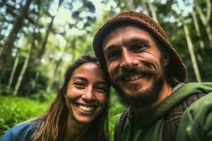 Close up face couple ,Travel blogger man taking selfie , trekking and filming in destination forest.Generative AI. photo