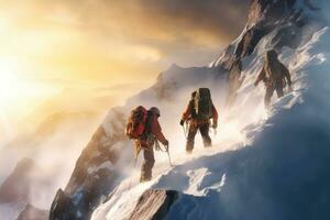 un grupo de escaladores escalada el montañas en invierno ,generativo ai foto