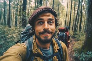 Travel blogger man taking selfie , trekking and filming in destination forest.Generative AI. photo