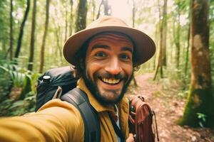 Travel blogger man taking selfie , trekking and filming in destination forest.Generative AI. photo