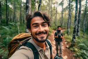 Travel blogger man taking selfie , trekking and filming in destination forest.Generative AI. photo