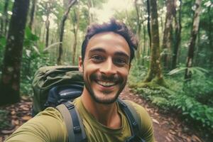 Travel blogger man taking selfie , trekking and filming in destination forest.Generative AI. photo