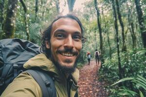 Travel blogger man taking selfie , trekking and filming in destination forest.Generative AI. photo