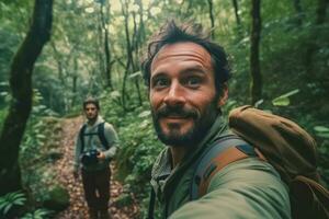 Travel blogger man taking selfie , trekking and filming in destination forest.Generative AI. photo