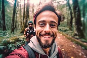 Travel blogger man taking selfie , trekking and filming in destination forest.Generative AI. photo