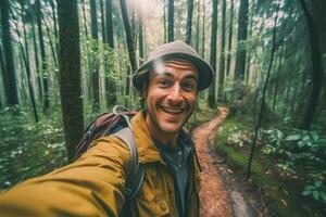 Travel blogger man taking selfie , trekking and filming in destination forest.Generative AI. photo