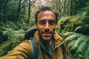 Travel blogger man taking selfie , trekking and filming in destination forest.Generative AI. photo