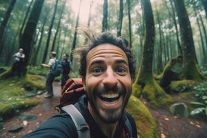 Travel blogger man taking selfie , trekking and filming in destination forest.Generative AI. photo