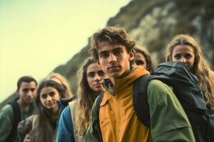 un grupo de joven amigos explorador el genial al aire libre,generativo ai foto