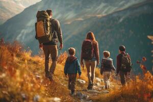 Family hiking in the mountains it autumn,Generative AI photo