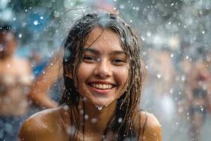 Young adult woman is on vacation Songkran water festival Thailand,Generative AI photo