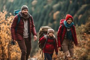 familia excursionismo en el montañas eso otoño,generativo ai foto