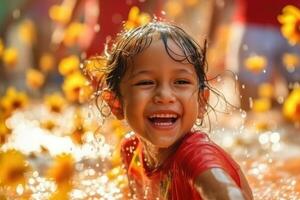 un niño niña hermosa es en vacaciones Songkran agua festival Tailandia,generativa ai foto