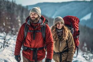 Pareja escaladores escalada el montañas en invierno ,generativo ai foto