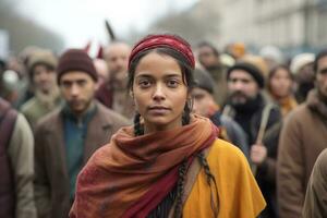 Indian female activist protesting with group of demonstrators in the background ,Generative AI. photo