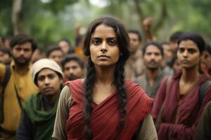 Indian female activist protesting with group of demonstrators in the background ,Generative AI. photo