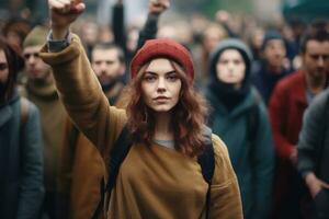 hembra activista protestando con grupo de manifestantes en el antecedentes ,generativo ai. foto