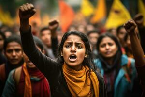 Indian female activist protesting with group of demonstrators in the background ,Generative AI. photo