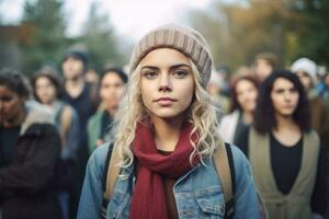 Female activist protesting with group of demonstrators in the background ,Generative AI. photo