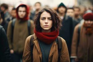 hembra activista protestando con grupo de manifestantes en el antecedentes ,generativo ai. foto