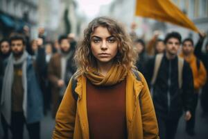 hembra activista protestando con grupo de manifestantes en el antecedentes ,generativo ai. foto