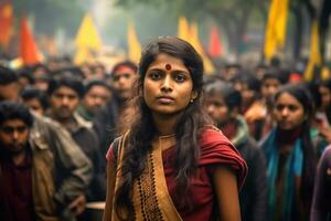 Indian female activist protesting with group of demonstrators in the background ,Generative AI. photo