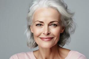 retrato medio Años 50 Envejecido mujer publicidad facial Anti edad levantar productos salón cuidado apretar piel aislado en blanco, generativo ai. foto