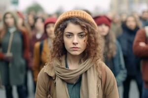 Female activist protesting with group of demonstrators in the background ,Generative AI. photo