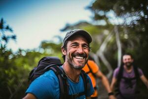 hombre en su 40s ese es sonriente con amigos a mar ,generativo ai. foto