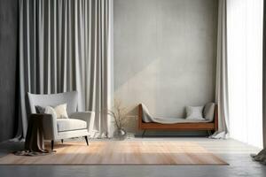 Living room interior mockup with carpet, sofa ,gray concrete wall. Generative AI. photo