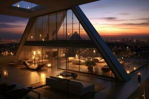 Modern architecture penthouse by pyramids at sunset ,Generative AI photo