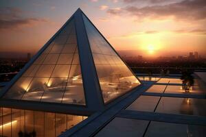 Modern architecture penthouse by pyramids at sunset ,Generative AI photo