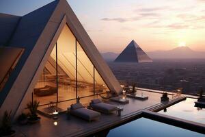 Modern architecture penthouse by pyramids at sunset ,Generative AI photo