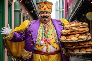 Colorful costumed man with king cakes , New Orlean Mardi Gras, Generative AI photo