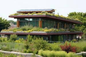 moderno verde techo adornado con vibrante plantas, complementado, verde alternativa energía concepto, generativo ai. foto