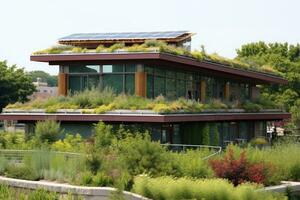 Modern green roof adorned with vibrant plants, complemented, green alternative energy concept,Generative AI. photo