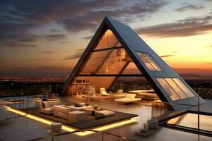 Modern architecture penthouse by pyramids at sunset ,Generative AI photo