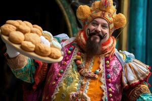 Colorful costumed man with king cakes , New Orlean Mardi Gras, Generative AI photo