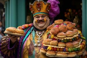 Colorful costumed man with king cakes , New Orlean Mardi Gras, Generative AI photo