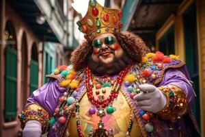 Colorful costumed man with king cakes , New Orlean Mardi Gras, Generative AI photo