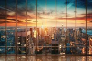 Buildings with many glass windows,skyline natural light,Generative AI. photo