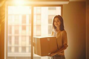 A young woman with dark hair, carrying large box during a move ,Generative AI photo