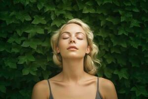 A man relaxed breathing fresh air in a green forest at natural ,Generative AI. photo